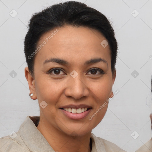 Joyful latino young-adult female with short  brown hair and brown eyes