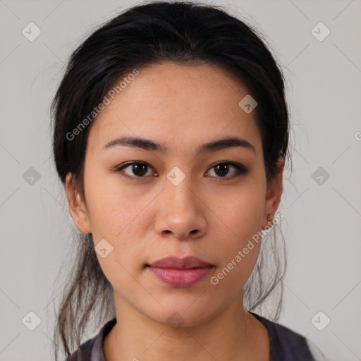 Neutral asian young-adult female with medium  brown hair and brown eyes