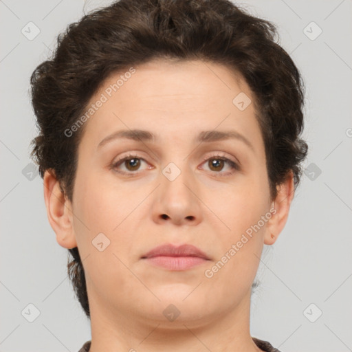 Neutral white young-adult female with short  brown hair and brown eyes