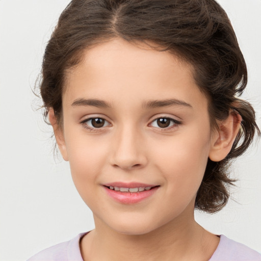 Joyful white child female with medium  brown hair and brown eyes