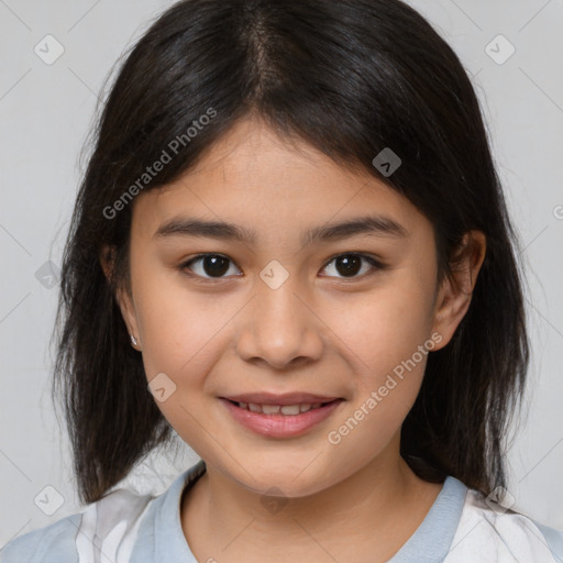 Joyful white child female with medium  brown hair and brown eyes