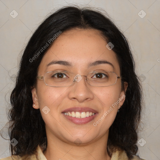 Joyful white adult female with medium  brown hair and brown eyes