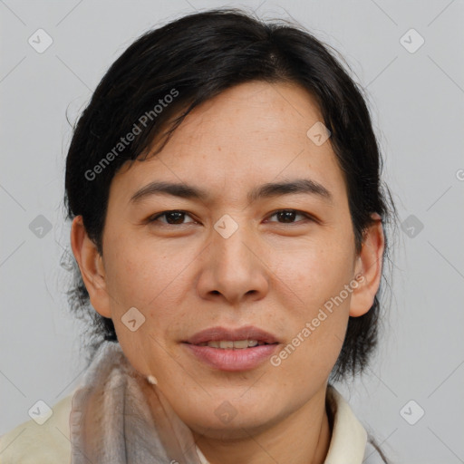 Joyful asian adult female with medium  brown hair and brown eyes