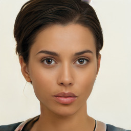 Neutral white young-adult female with medium  brown hair and brown eyes