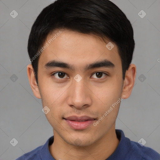 Neutral asian young-adult male with short  brown hair and brown eyes