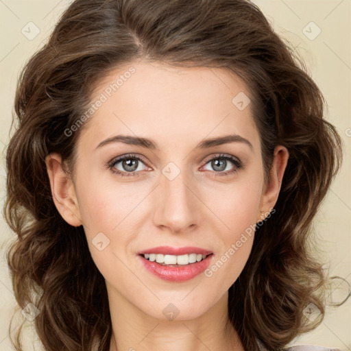 Joyful white young-adult female with medium  brown hair and green eyes