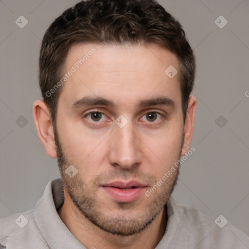 Neutral white young-adult male with short  brown hair and brown eyes