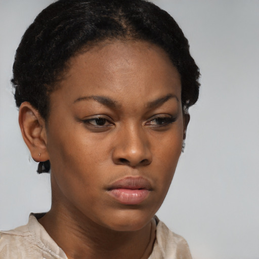 Neutral black young-adult female with short  brown hair and brown eyes