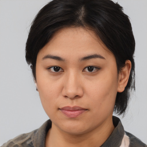 Neutral asian young-adult female with medium  brown hair and brown eyes