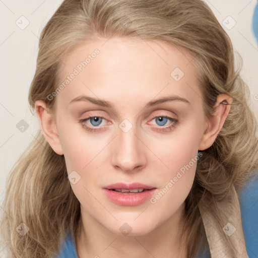 Joyful white young-adult female with medium  brown hair and blue eyes