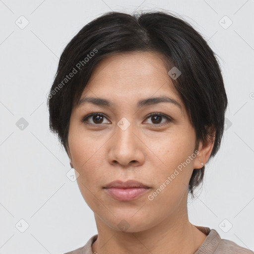 Neutral asian young-adult female with medium  brown hair and brown eyes