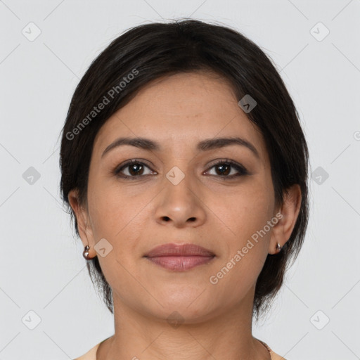 Joyful latino young-adult female with medium  brown hair and brown eyes