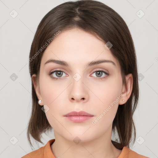 Neutral white young-adult female with medium  brown hair and brown eyes