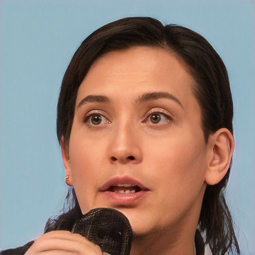 Neutral white young-adult female with medium  brown hair and brown eyes