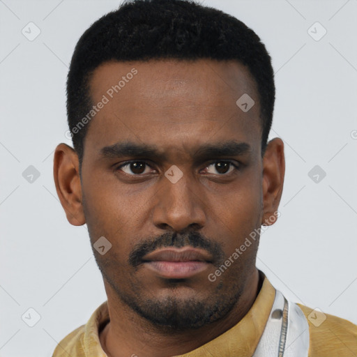 Neutral latino young-adult male with short  black hair and brown eyes