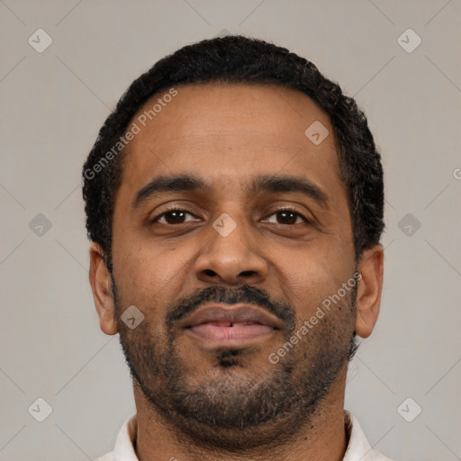 Neutral latino adult male with short  black hair and brown eyes