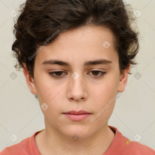 Neutral white young-adult female with short  brown hair and brown eyes