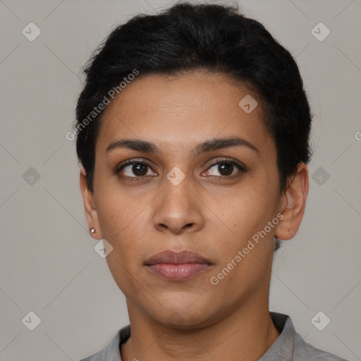 Neutral latino young-adult female with short  black hair and brown eyes