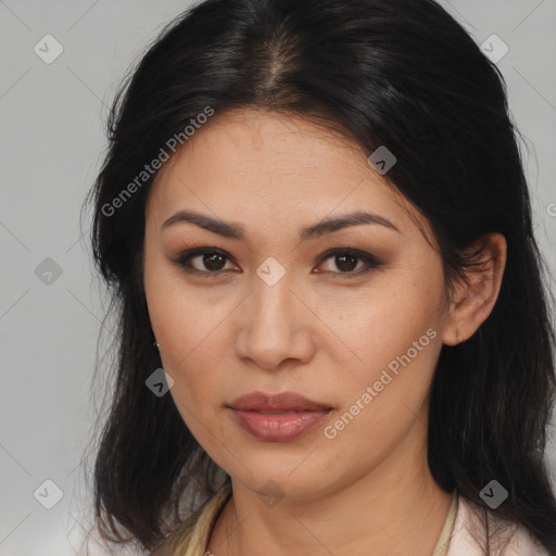 Neutral asian young-adult female with medium  brown hair and brown eyes