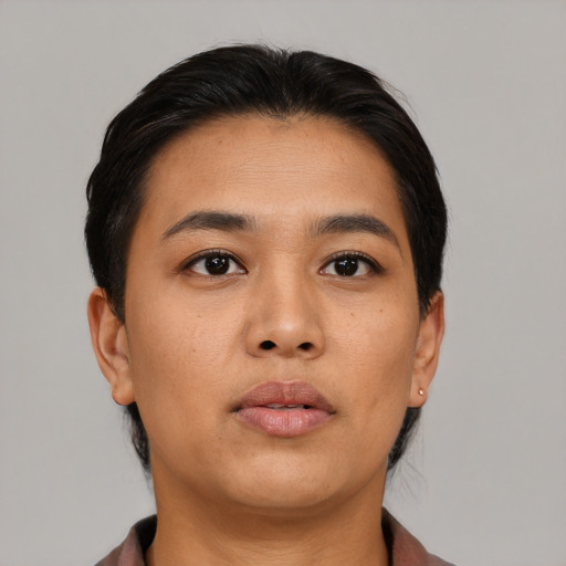Neutral asian young-adult female with medium  black hair and brown eyes
