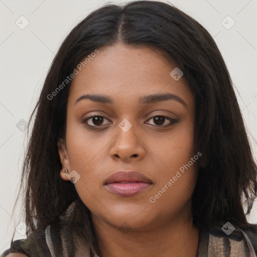 Neutral asian young-adult female with long  brown hair and brown eyes