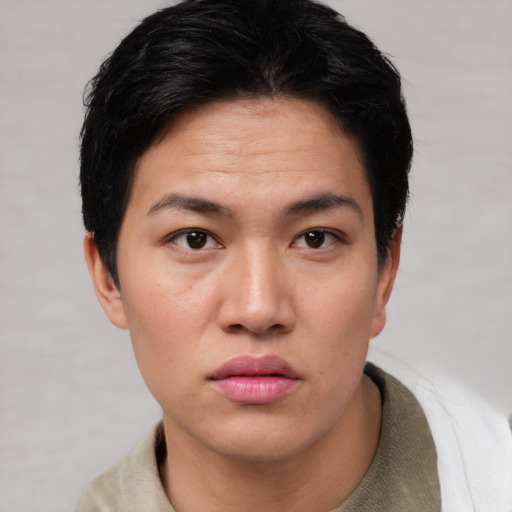Neutral asian young-adult female with short  brown hair and brown eyes