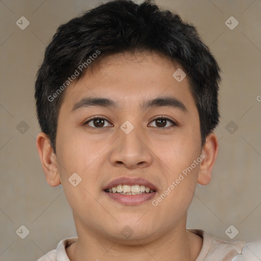 Joyful asian young-adult male with short  brown hair and brown eyes