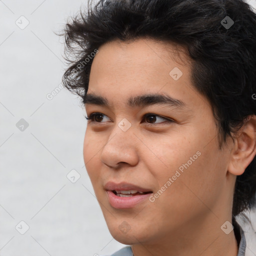 Joyful white young-adult male with medium  brown hair and brown eyes