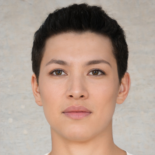 Neutral asian young-adult female with short  brown hair and brown eyes