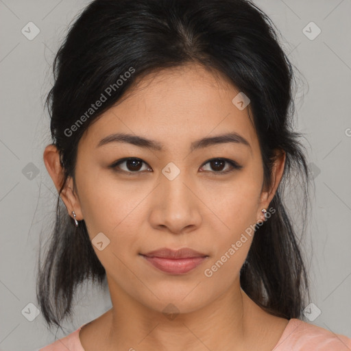 Neutral asian young-adult female with medium  brown hair and brown eyes