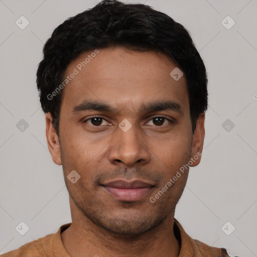 Neutral latino young-adult male with short  black hair and brown eyes
