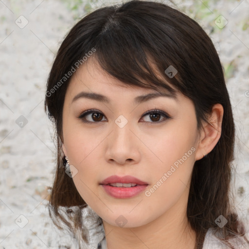 Neutral asian young-adult female with medium  brown hair and brown eyes