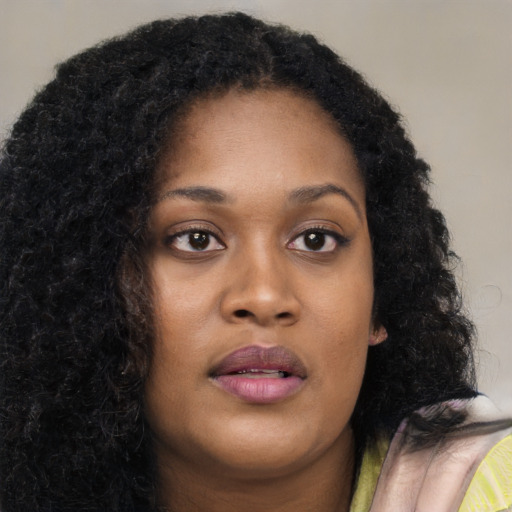 Joyful black young-adult female with long  brown hair and brown eyes
