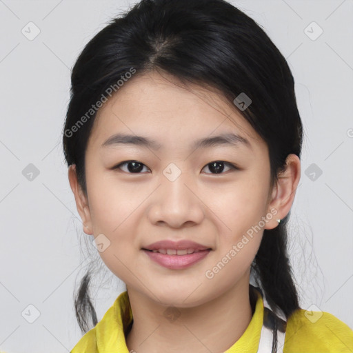 Joyful asian young-adult female with medium  black hair and brown eyes