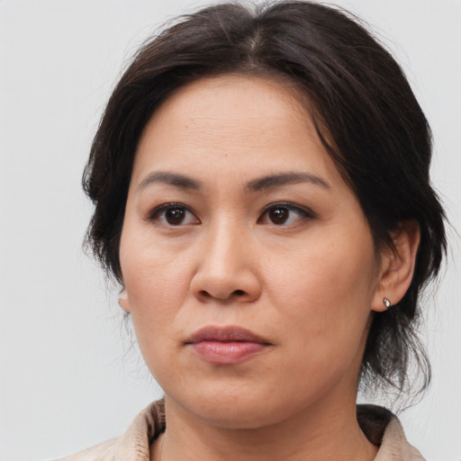 Joyful asian adult female with medium  brown hair and brown eyes