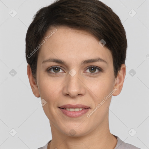 Joyful white young-adult female with short  brown hair and brown eyes