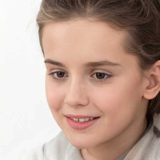 Joyful white child female with medium  brown hair and brown eyes