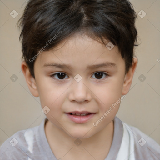 Joyful white child female with short  brown hair and brown eyes
