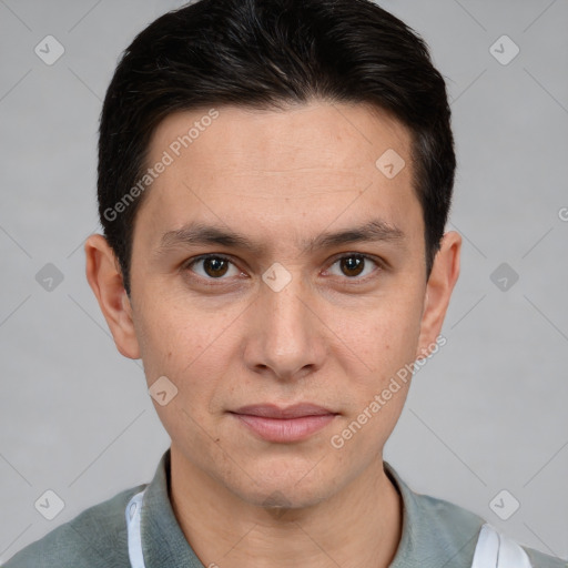 Joyful white young-adult male with short  brown hair and brown eyes