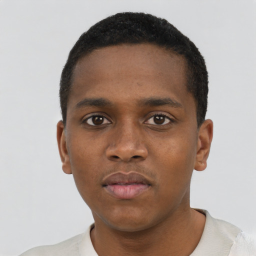 Neutral black young-adult male with short  black hair and brown eyes