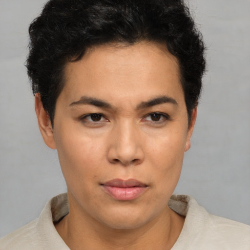 Neutral asian young-adult female with short  brown hair and brown eyes