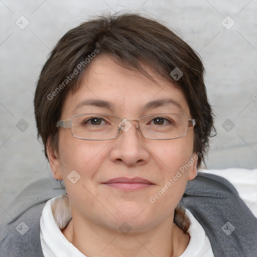 Joyful white adult female with short  brown hair and brown eyes