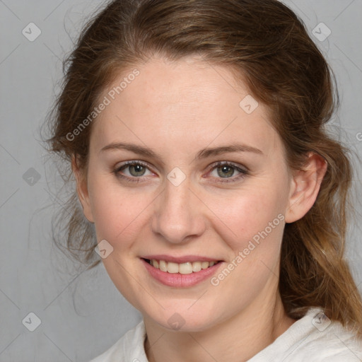 Joyful white young-adult female with medium  brown hair and blue eyes