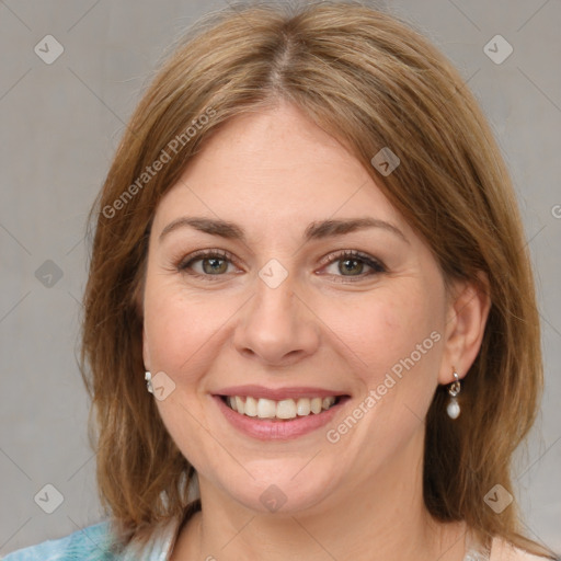 Joyful white young-adult female with medium  brown hair and green eyes