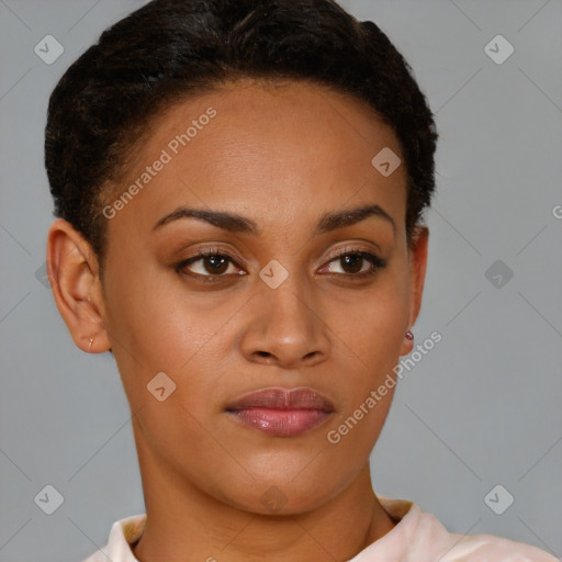 Joyful latino young-adult female with short  brown hair and brown eyes