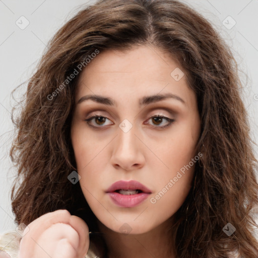 Neutral white young-adult female with long  brown hair and brown eyes