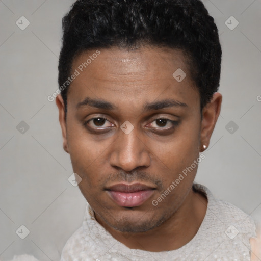 Neutral latino young-adult male with short  black hair and brown eyes