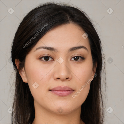 Joyful white young-adult female with long  brown hair and brown eyes