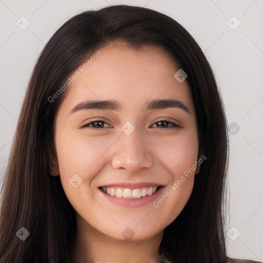 Joyful white young-adult female with long  brown hair and brown eyes