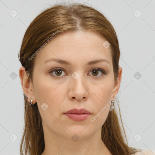 Neutral white young-adult female with long  brown hair and grey eyes